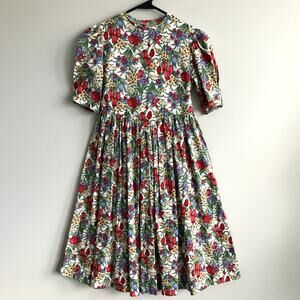 Vintage Just Ducky Dress Red Tulips Blue Yellow Floral Short Sleeve Girl's 10